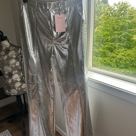 Avec Les Filles croc embellished Silver Metallic Wide Leg Pants - Picture 2 of 5